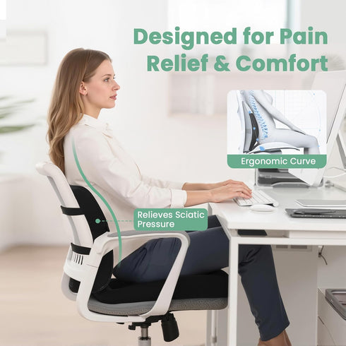 Tailbone Seat Cushion and Lumbar Support Pillow for Office Chair, Wheelchair, Memory Foam Coccyx Cushion for Sciatica