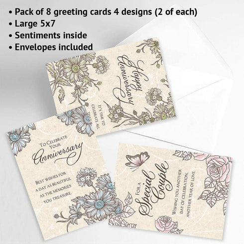 Expressions of Faith Anniversary Cards - Set of 8 (4 Designs), Large 5" x 7" Religious Wedding Cards with Bible Verse