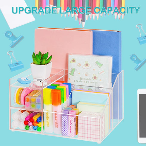 VITVITI Acrylic Desk Organizer, Clear Multifunctional Pencil Holder with Drawer, 8 Compartment Storage