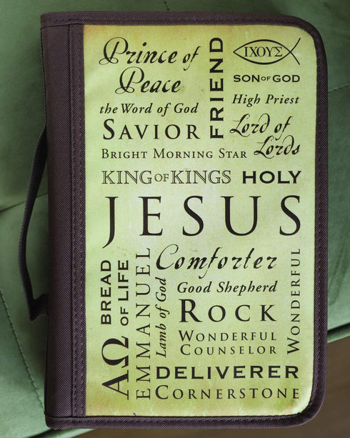 Names of Jesus Bible Cover: Zippered Canvas with Handle, Brown, Large