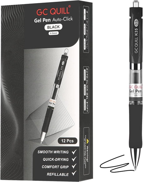GC QUILL Gel Ink Pens Premium Refillable & Retractable Rolling Ball Pens,0.5mm Fine Point Pens,12 Black Ink Gel Pens+10 Blue Ink Pens BKBL22