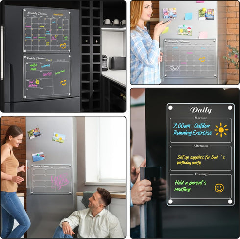 DIYMAG 3Pcs Acrylic Magnetic Dry Erase Calendar for Fridge, Clear Planning Board Set with 6 Highlight Markers, Weekly