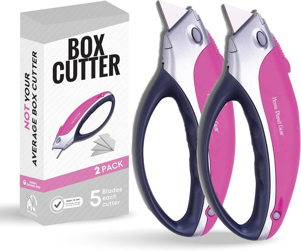 Pink Box Cutter Retractable Utility Knife - Two Pack Heavy Duty Cardboard