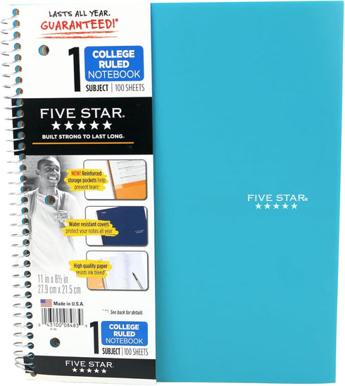 Five Star Wirebound Notebook - 1-Subject, 100 College-Ruled Sheets, 11 x 8.5 Inch Teal (72051)