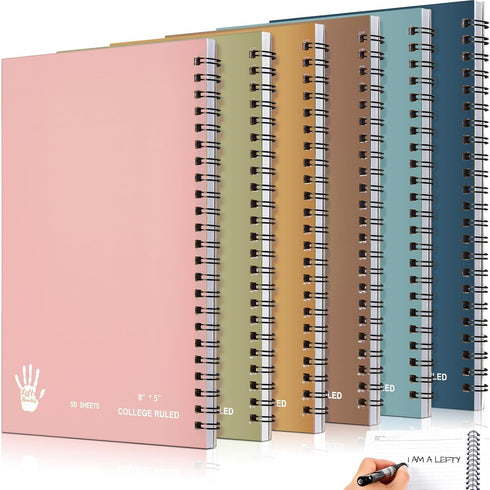 Lewtemi 6 Pack Small Left Handed Notebook 8"x5", Lefty Spiral Notebooks, 50 Sheets College Wide Ruled Paper Journal for