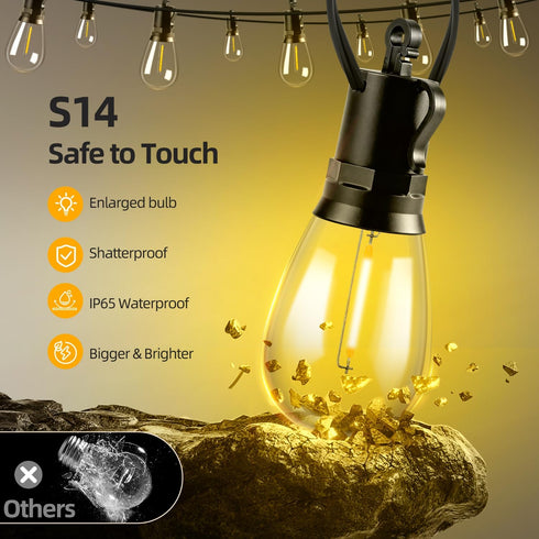 FUANXIEI S14 15M 50FT 3 Dimmable Bulbs Solar Lights Outdoor Patio Lights: Solar Powered Remote Control Light Modes