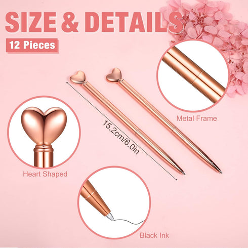 Chinco 12 Pieces Heart Shaped Pens Black Ink Retractable Metal Decorative Cute Pens for Women Girl Heart Writing Ballpoint Pens for Wedding Baby Shower Birthday Gifts School(Rose Gold) by Chinco