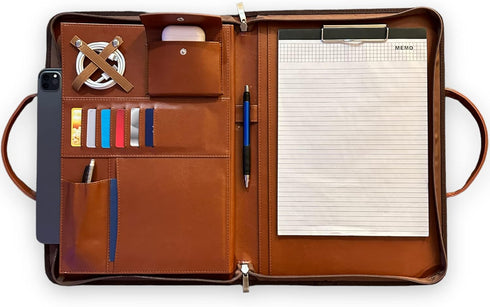 FUNTACY Premium Leather Portfolio with Handles, Slim Padfolio with Multiple Compartments for Documents, iPad, Notebook