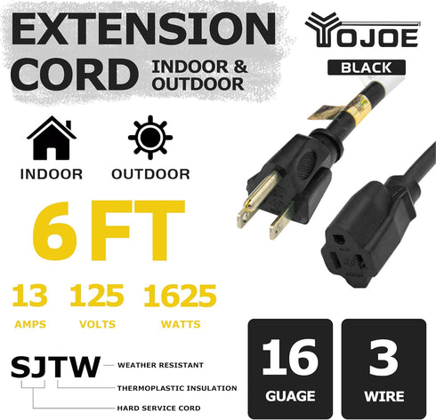 YOJOE 6 Foot Black Outdoor Extension Cord, 16/3 SJTW Waterproof Cable with 3 Prong Grounded Plug