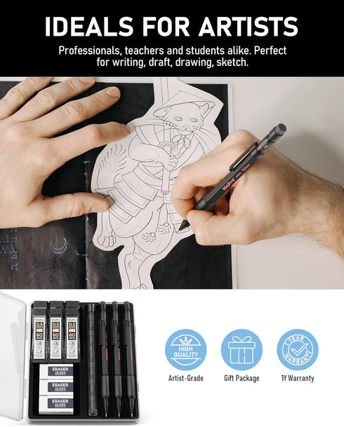 Nicpro 0.5 mm Mechanical Pencil Set with Case, 3PCS MP2000 Metal Artist Pencil with Lead Refills