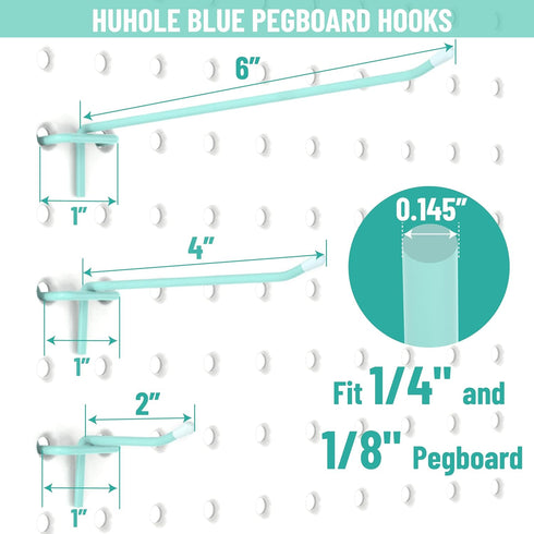 HUHOLE 50PC Blue Pegboard Hooks, 2 Inch, Fit 1/4" or 1/8" Pegboard, Ideal Organizer Accessories for Garage Tool Storage