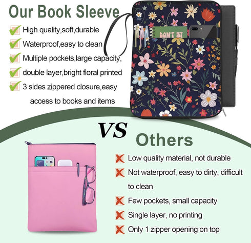 Floral Print Cute Book Sleeve, Waterproof PU Leather Travel Book Carrying Case, Book Protector Cover Bag with Zipper,