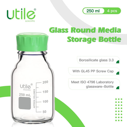 Utile Media Bottle, 3.3 Borosilicate Glass Storage Bottles with GL45 Screw Caps, 4pcs of 250ml(8.45oz) Lab Media Bottles, PP Material, Assembled Non-drip Pouring Ring, 4038.0250.4 by Utile