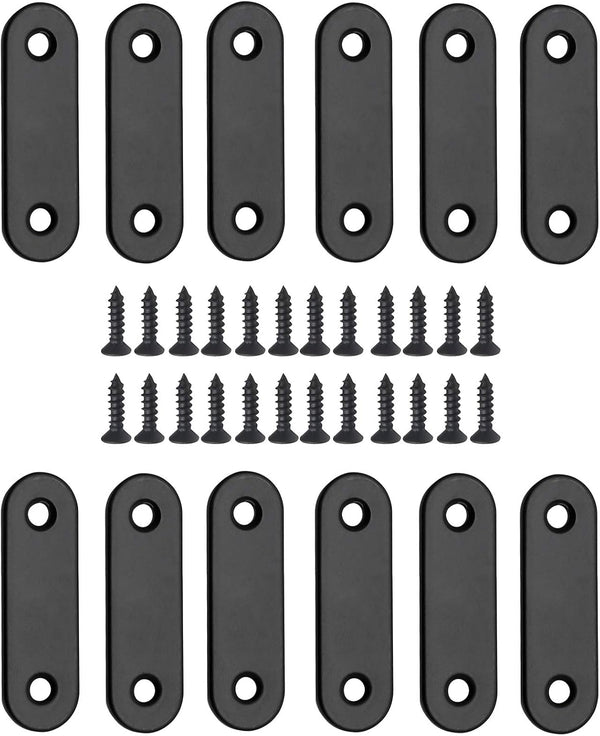 12 Pcs Straight Brace - Flat Brace 2” x 0.6” Stainless Steel Bracket for Wood, Furniture & Shelves, Matte Black