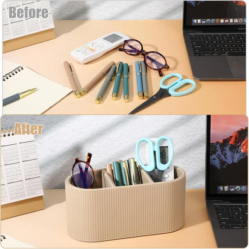 hidyuuoo 3 8.7x 3.7 3.9 Inches Desk Organizer with Pen Holder, Nightstand Organizer, and Remote Holder, Beige Roman