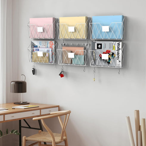 YBING Wall Mounted File Organizer, White 6 Pockets Mesh Hanging Holder for Office Papers with Hooks