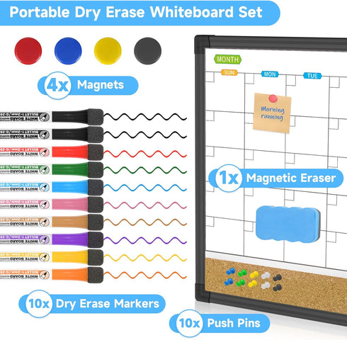 JILoffice Magnetic Calendar Whiteboard & Bulletin Corkboard Combo, 17 x 13 Inch, Black Aluminum Frame