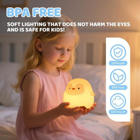 50H/12H 30-Min Dimmable Penguin Silicone Night Light, Long Battery Life Touch Lamp with Auto-Off Timer, Soft Glow