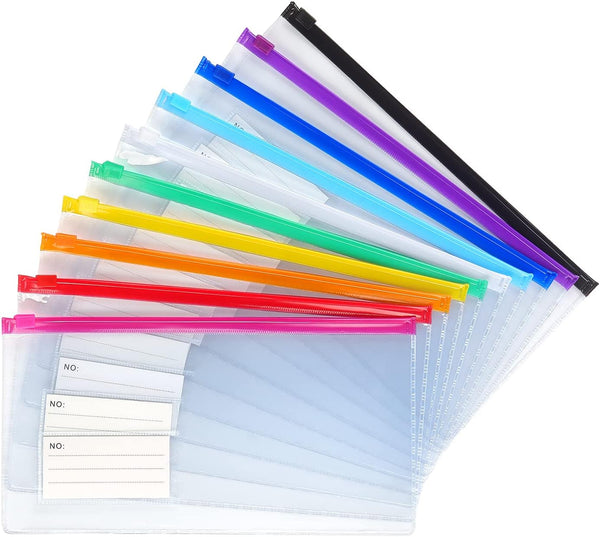 Tamaki 10 Pack Zipper Plastic Envelopes, Small A6 Size for Pencil Case, Bill Bag, 10 Color (9x4.7 Inch)