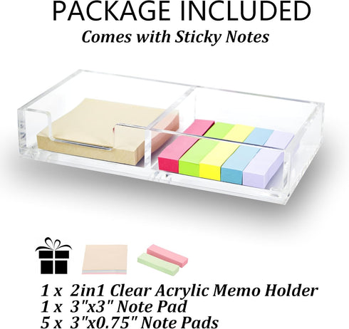Sticky Notes Holder, 2in1 Memo Pad Dispenser, Clear Desk Supplies Organizer for Office, Home, School (DP013)