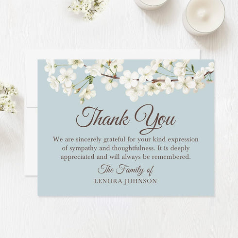 5.5x4.25 White Floral Cherry Blossom Sympathy Thank You Cards, Funeral Thank You Cards, Personalized Bereavement Notes