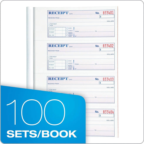 Adams 3-Part, 7-5/8" 10-7/8", 100 Sets 4 (TC1182) Money and Rent Receipt Book, Carbonless, White/Canary/Pink, x Bound