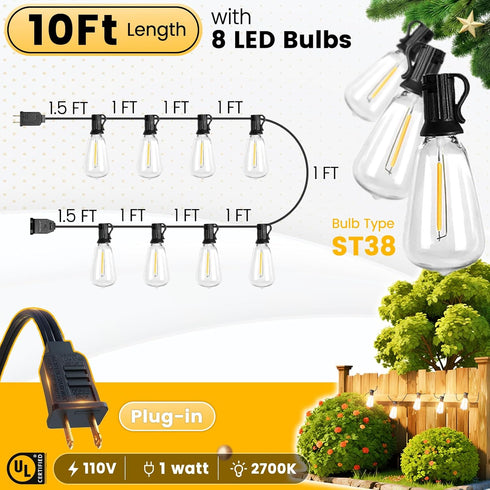 SEVSONSNZZ 10FT ST38 Bulbs, Outdoor String Lights - Waterproof LED Patio Lights Shatterproof Edison Connectable Hanging