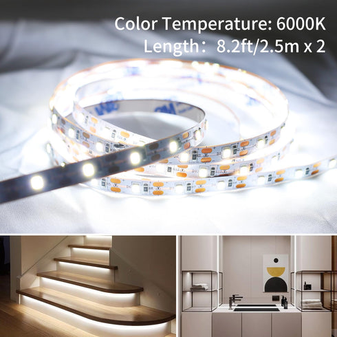 16.4ft 8.2ft 2 USB LED Light Strip White with Battery Box (Batteries Not Included), Daylight Under Cabinet Strip Lights