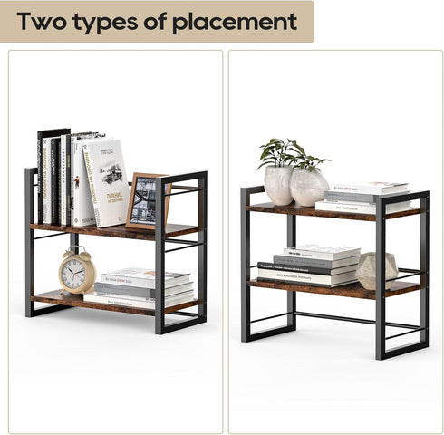 Office Desk Shelf Organizer, Wood Desktop Bookshelf Supplies Storage Rack, 2 Tier Shelf for Desk and Dresser, Brown