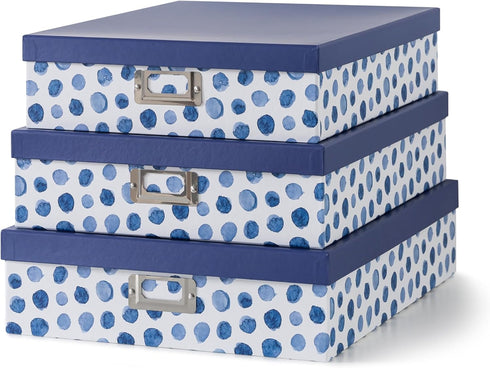 Soul & Lane Blue Spots Decorative Storage Boxes with Lids, Set of 3 Memory Boxes for Organizing Keepsakes