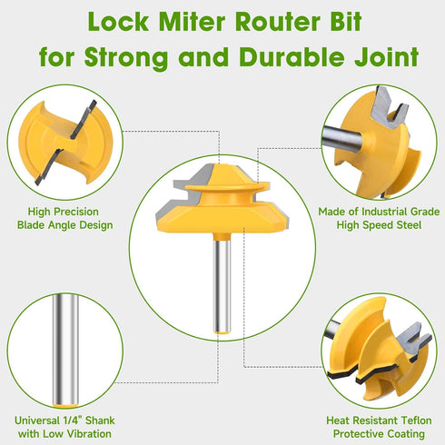 45 1/4 Inch 3 Set, 1/2", 5/8", 3/4" Pynsseu Degree Lock Miter Router Bit Shank Pcs Joint Router Bit Carbide Steel