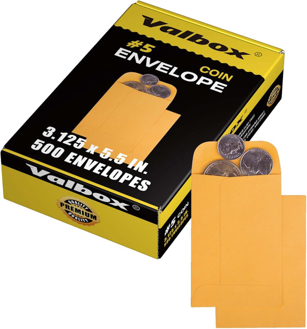 ValBox #5 Coin Envelopes, 3.125x5.5 Seed Envelopes with Gummed Flap for Home, Garden, Office Use, 500 Box