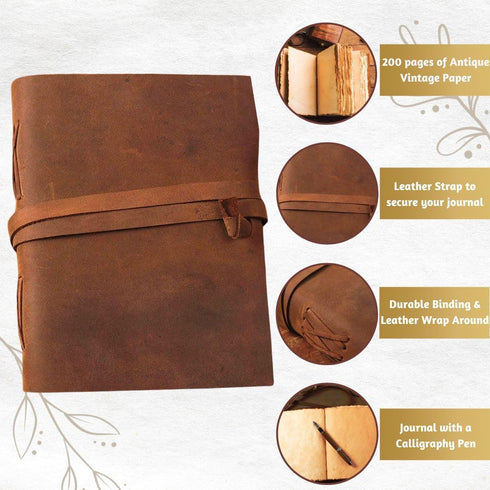 Buff Leather Deckle Edge Paper Journal, 200 Pages, Unlined, Dark Brown, 7"x5", Antique Scrapbook, Grimoire, Fantasy