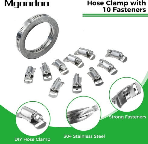Mgoodoo 304 Stainless Steel Worm Clamps Assortment Kit, 13 FT Large Hose Clamp Strap with 10 Fasteners for Intercooler