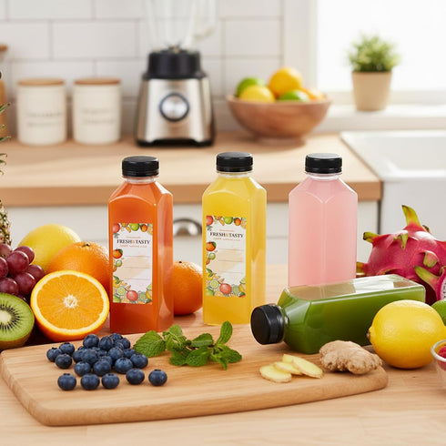 45pcs 16oz TOMNK Juice Bottles with Lids, Reusable Plastic Juice Bottles with Caps and Labels, Funnel, Brush Beverage