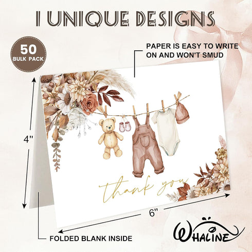 50 Pack Whaline Baby Shower Thank You Cards Boxed Boho Floral Bear Cloth Note Cards with Envelopes Stickers Greeting