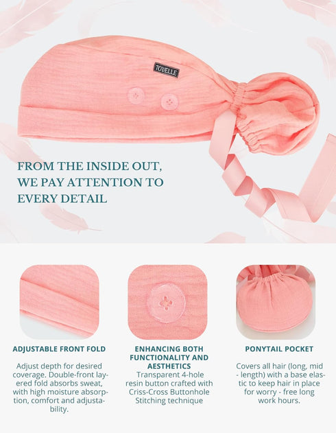 Ponytail Scrub Cap for Women Solid Coral Pink Surgical Cap with Buttons, Cotton Ponytail Scrub Caps, Adjustable