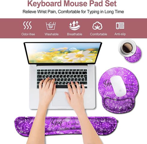 Mouse Pad with Wrist Support, Ergonomic Gel Memory Foam Keyboard Rest, Beautiful Purple Glitter for Office Decoration