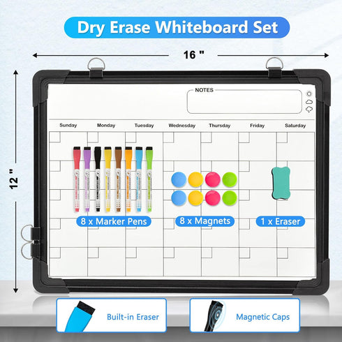 Whiteboard Calendar, 16" x 12" Double-Sided Magnetic Dry Erase Board for Wall, Kitchen, Planning, Memo