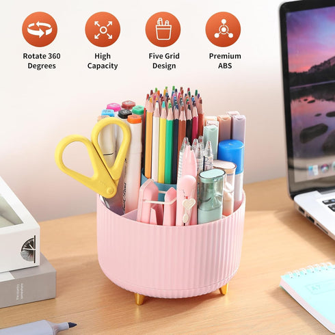 Pink Desk Organizers and Accessories 10Pcs Set, 360-Degree Rotating Pen Holder, Tape Dispenser, Stapler, Scissors