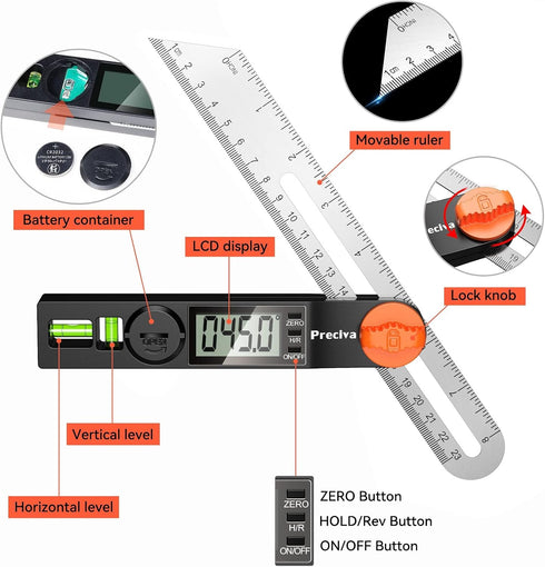 Preciva T-Bevel Gauge & Protractor, 0-338 Digital Angle Finder Protractor for Carpentry, Woodworking, Metalworking