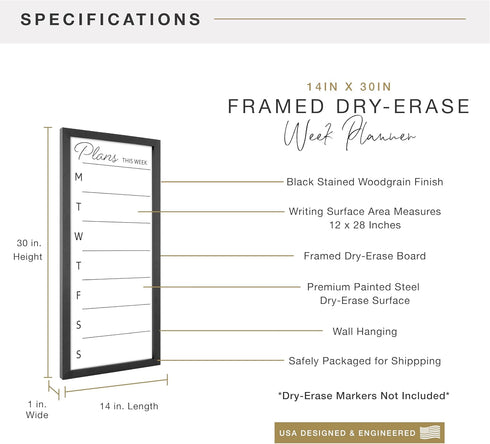 MCS 14x30 Black Framed Dry Erase Weekly Planner Calendar Whiteboard for Wall, Family Events & More