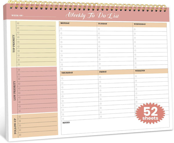 Weekly To Do List Notepad, 52 Undated Sheets (8.5"×11"), Undated Weekly Planner for Office Desk Accessories and Supplies