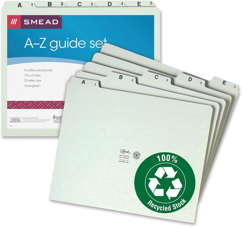 Smead Pressboard Guides, 1/5-Cut Tab (A-Z), Letter Size, Gray/Green, Set of 25