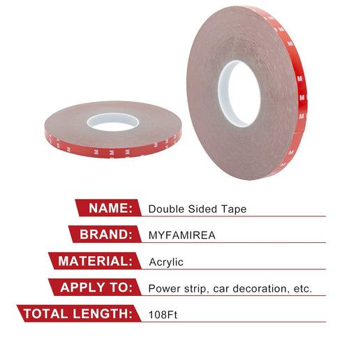 MYFAMIREA Double Sided Tape, 0.39 Inch x 108 Feet Heavy Duty Mounting Adhesive for LED Strip Lights, Home Office Decor