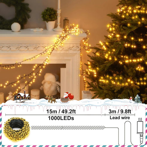 50Ft 1000 ZAIYW LED Cluster String Lights Dual Color Changing String Lights with Remote Timer Plug in Firecracker