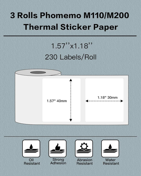 Phomemo Labels - 3 Rolls M110/M100/M220/M221/M150/M250/M108 Thermal Labels 1.57"x1.18", 230 Label/Roll, Self-Adhesive