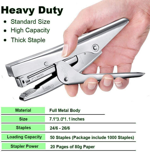 ONDY Heavy Duty Plier Stapler, Hand Held 20-Sheet Stapler with 1000 Staples and Staple Remover Tool, Silver