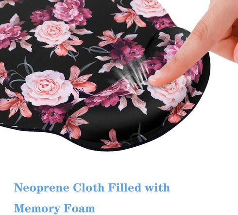 WAVEYU Mouse Pad with Wrist Support, Cute Designed Non-Slip Rubber Base Mousepad for Laptop, Black Flower