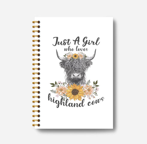 Highland Cow Notebook, Western Cow Gifts, Spiral Notebook 5.5x8.3, Highland Cow Office Supplies, Just a Girl Who Loves